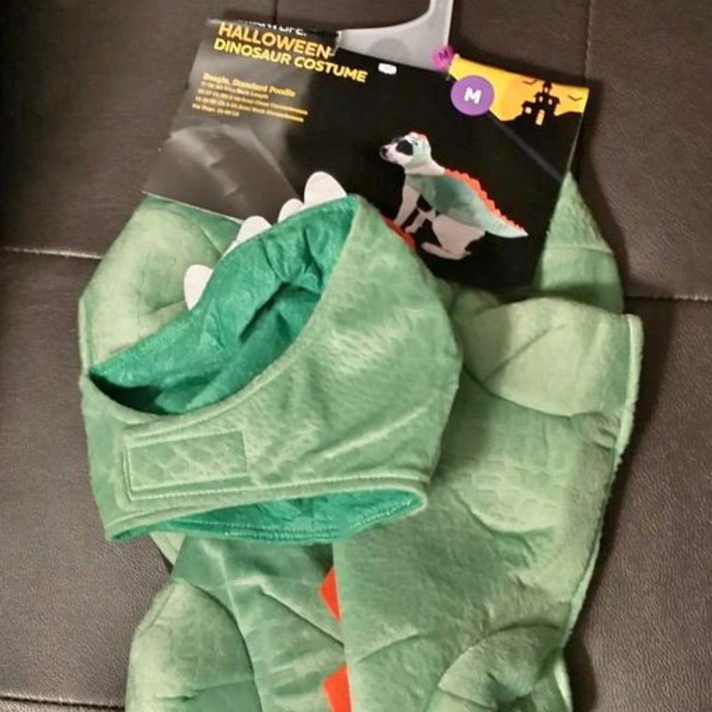Dog costume Halloween dress up (Dinosaur) green orange size Medium
